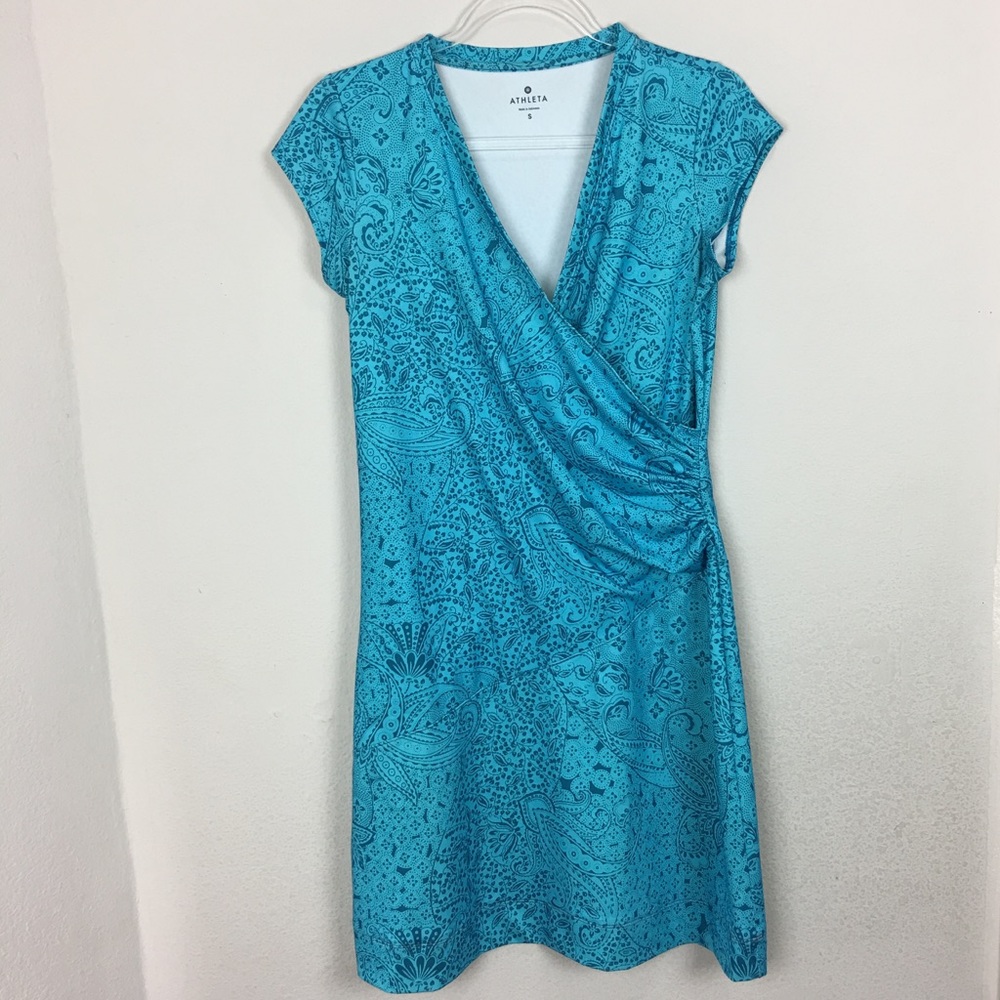 ATHLETA | Aqua Paisley Print Faux Wrap Dress